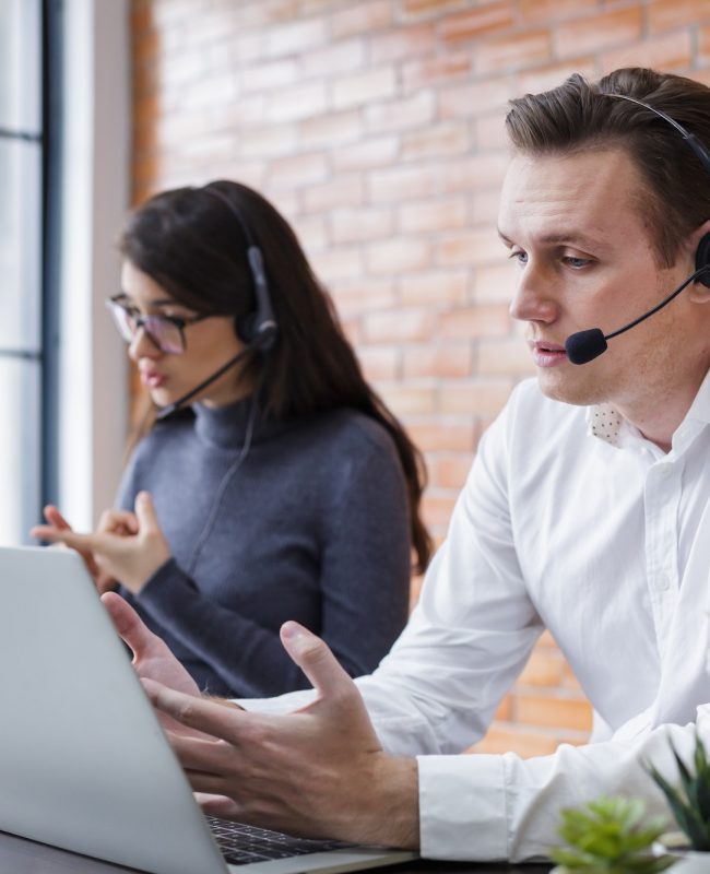 Consultants with online problems. support operator service business representative concept.
