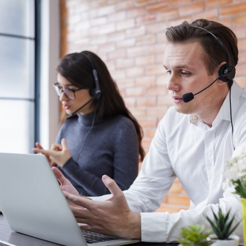 Consultants with online problems. support operator service business representative concept.